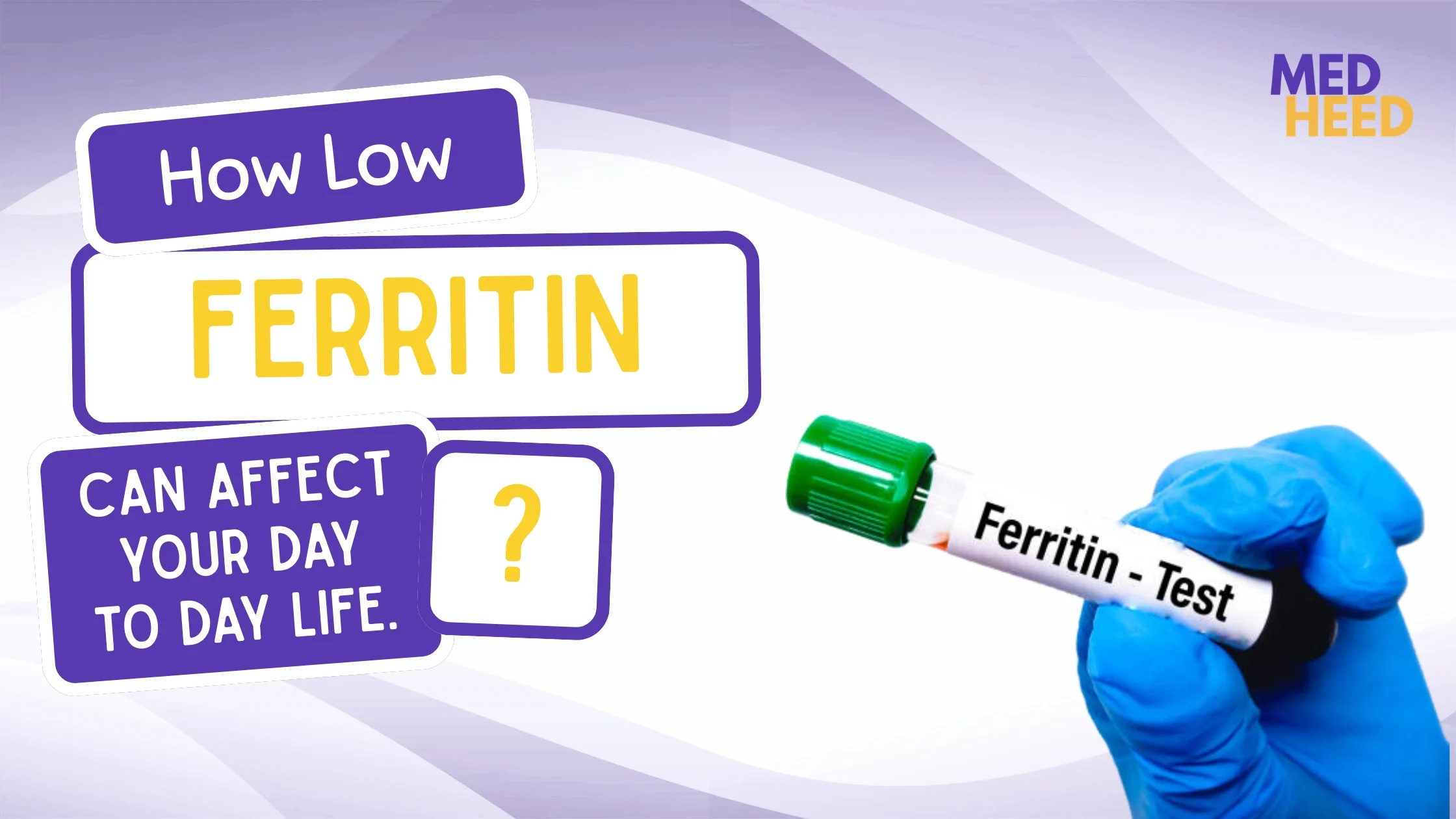 "Infographic showing low ferritin symptoms including fatigue, brain fog, hair loss, and low mood, with healthy ferritin reference range of 50–150 ng/mL — by Medheed Health"